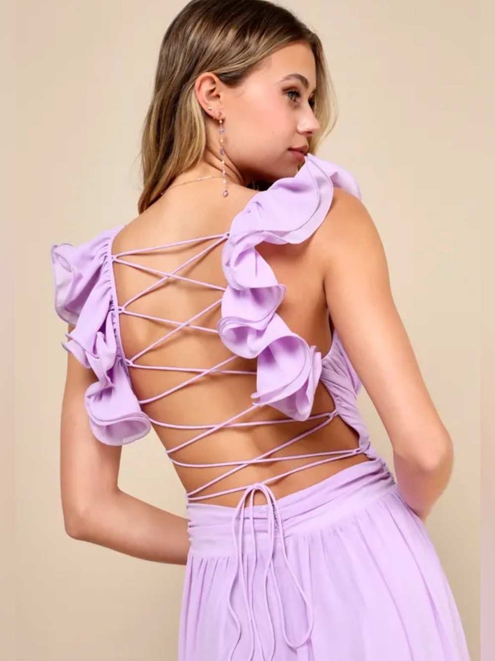 Lace-Up Back Lavender Maxi Dress with Ruffle Straps - Picture 3 of 9